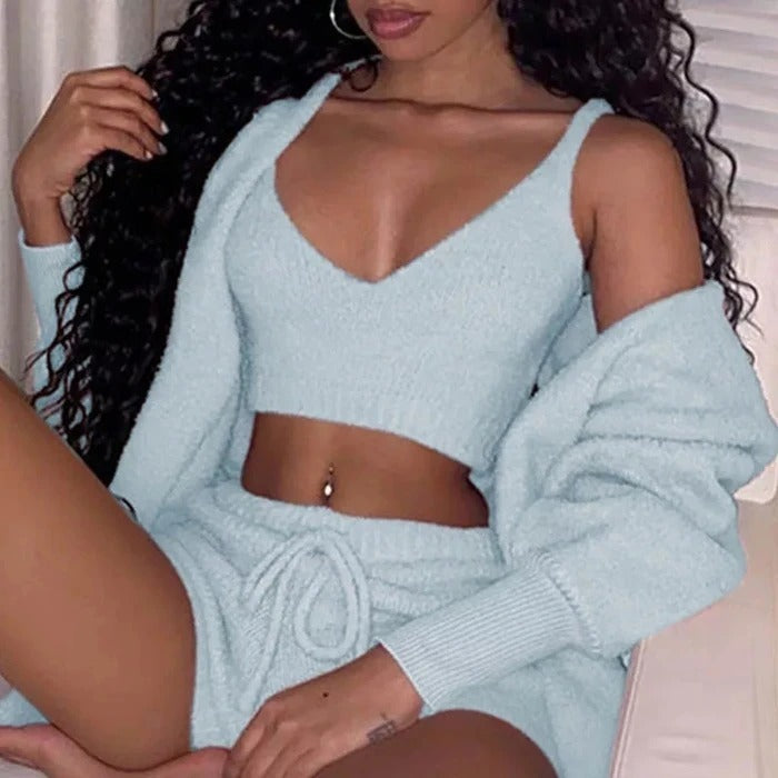 3pcs Womens Clothing Long Sleeve Crop Tank Top And Drawstring Shorts