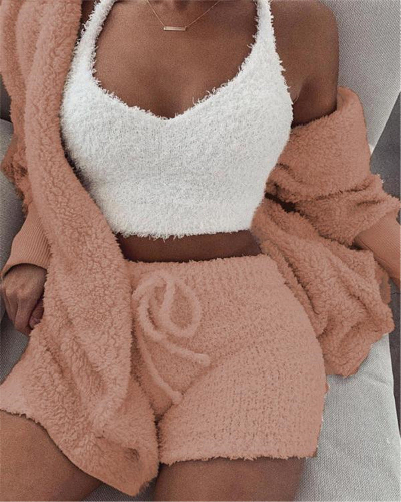 3pcs Womens Clothing Long Sleeve Crop Tank Top And Drawstring Shorts
