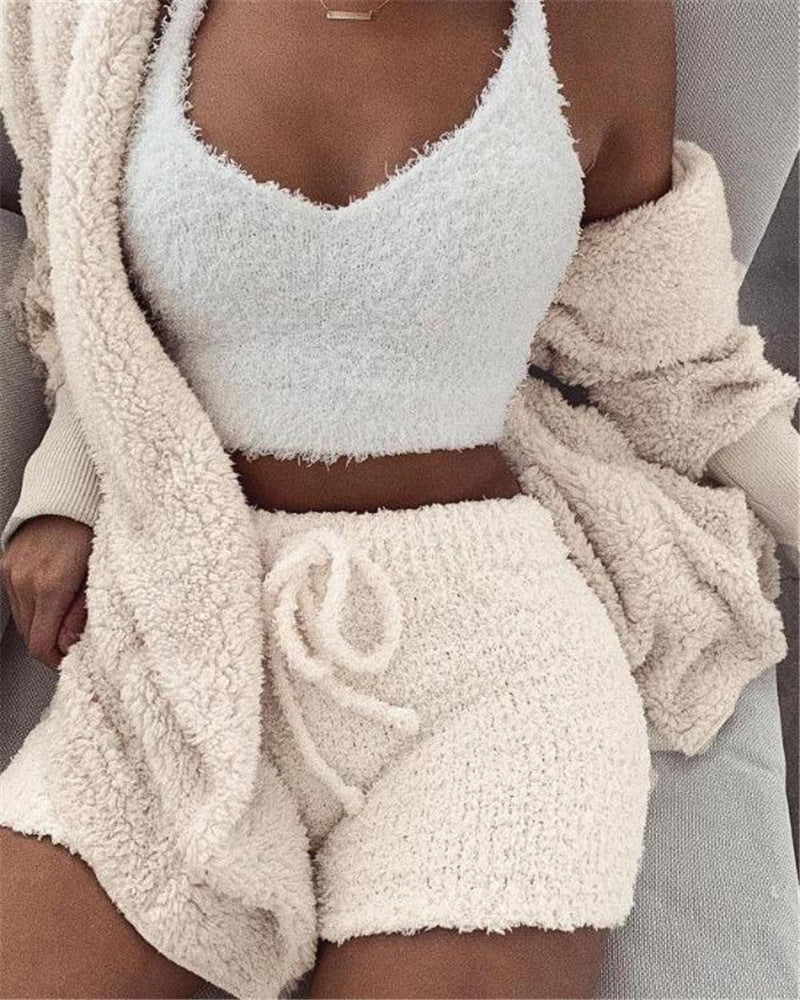 3pcs Womens Clothing Long Sleeve Crop Tank Top And Drawstring Shorts