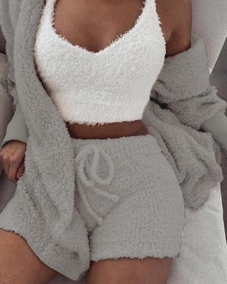 3pcs Womens Clothing Long Sleeve Crop Tank Top And Drawstring Shorts