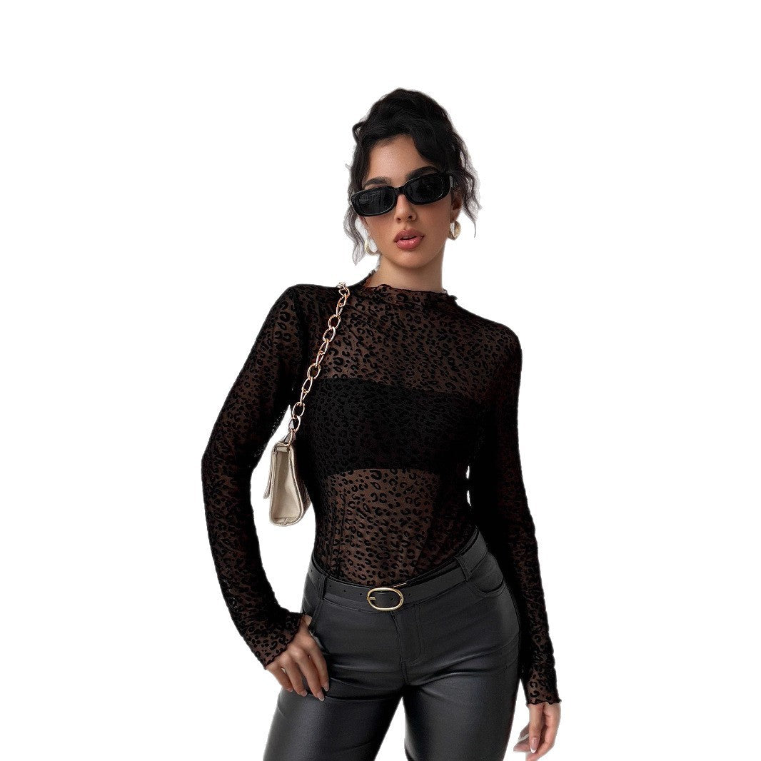 New Style Wooden Ear Slim Fit Slimming Long Sleeves Mesh Base All-matching Top