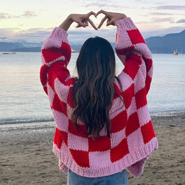 Loose Plaid Contrast Color Thick Needle Cardigan Sweater Coat
